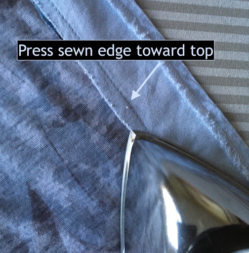 Picture of top and iron showing which direction to press sewn edge toward.