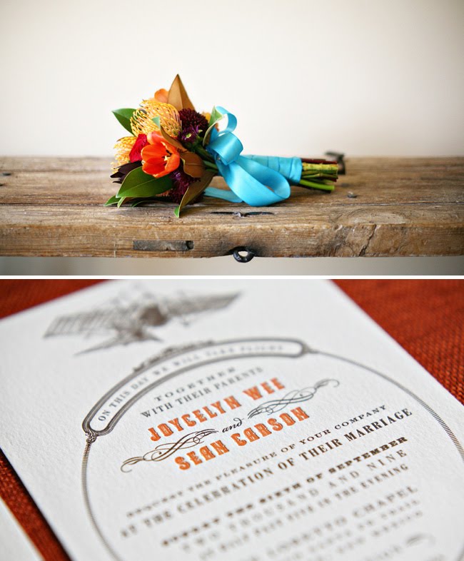 wedding bouquet blue yellow and red Their invitation featured an old 