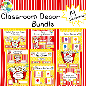 Popcorn theme classroom decor is perfect as-is, or when paired with circus animals or movie and film decor! | Apples to Applique