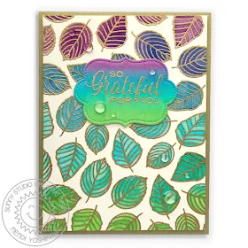 Sunny Studio Stamps: Elegant Leaves Gold Embossed Watercolor Leaf Background "So Grateful For You" Card (using label from Sliding Window Dies)