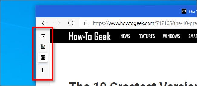 مثال على عمود علامات التبويب الرأسية المطوي في Microsoft Edge.