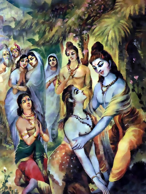 Bharata and Shatrugna fell at the feet of Rama
