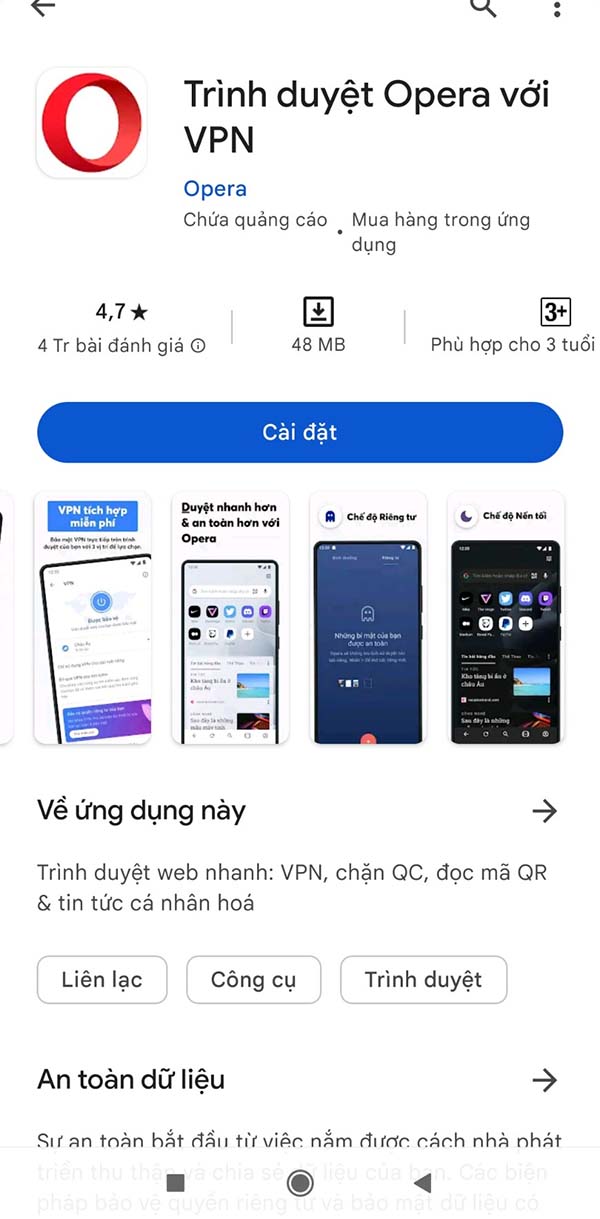 Trình duyệt Opera với VPN - truyệt web nhanh với VPN & chặn QC miễn phí b1