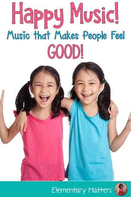 Happy Music! This post discusses the effect music has on emotions, and suggests playing happy music in the classroom. It includes a freebie list of "feel good" music.