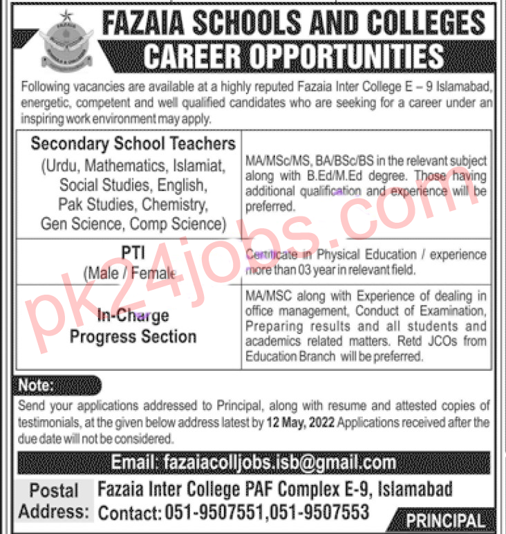 Fazaia School Jobs 2022 – Today Jobs 2022