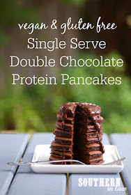 Healthy Single Serve Double Chocolate Protein Pancakes Recipe - low fat, gluten free, high protein, clean eating, sugar free, healthy, vegan