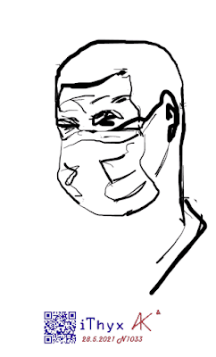 Набросок лица немолодого мужчины в маске. Линейный чёрно-белый рисунок на телефоне сделал художник Андрей Бондаренко @iThyx_AK