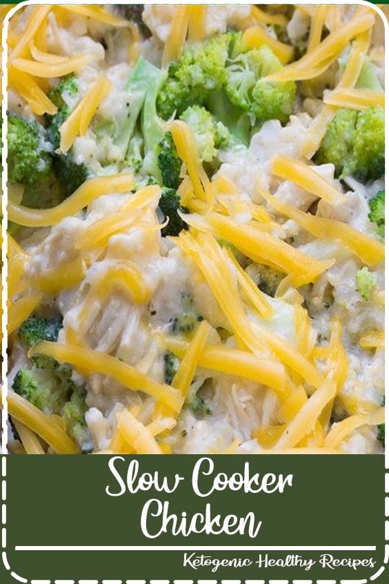Easy Slow Cooker Chicken, Broccoli and Rice Casserole with cheese! Cheesy and creamy and made in the crock pot with healthy ingredients! One of our favorite easy recipes to make ahead, add this one to your list of crockpot meals! #crockpotrecipes #casserole #slowcookerrecipes #chickenrecipes