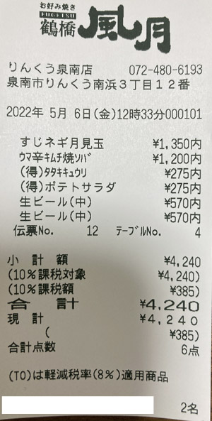 鶴橋風月 りんくう泉南店 2022/5/6 飲食のレシート