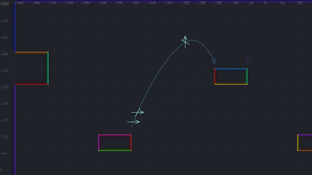 A screenshot showing a jump trajectory with instruction indicators drawn over-top it.