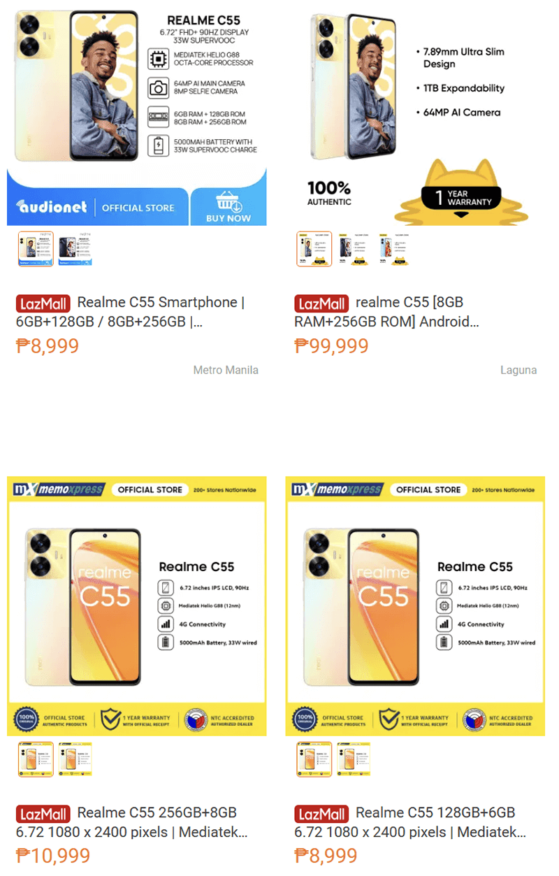 Leaked price tags of different realme C55 variants at Lazada