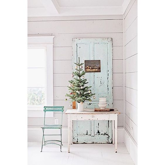 Dreamy Whites farmhouse table chippy weathered door in romantic Farmhouse Christmas holiday decorating shabby chic