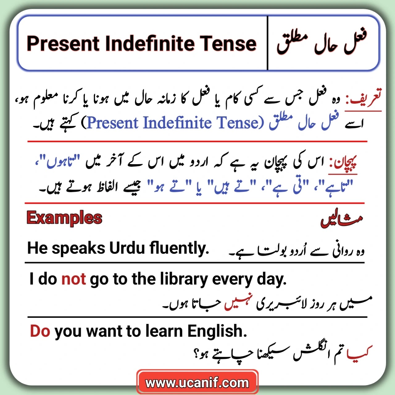 Present indefinite Tense in Urdu, Simple Present Tense in Urdu, Present Indefinite Tense examples in Urdu, Present indefinite Tense