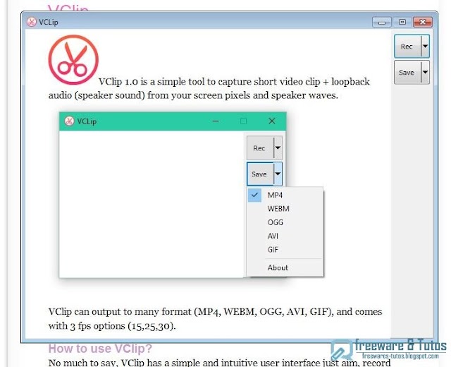 VClip : pour filmer son écran en MP4, WEBM, OGG, AVI et GIF