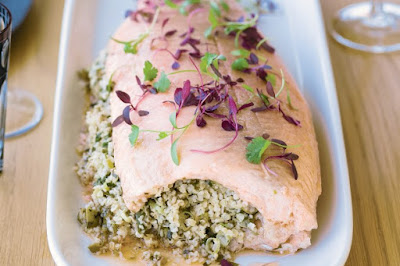 Barbecued whole salmon with cracked wheat stuffing and coriander cream meal ideas