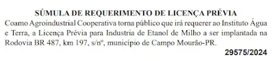 Publicação sobre pedido de licença para usina de etanol de mlho no Paraná