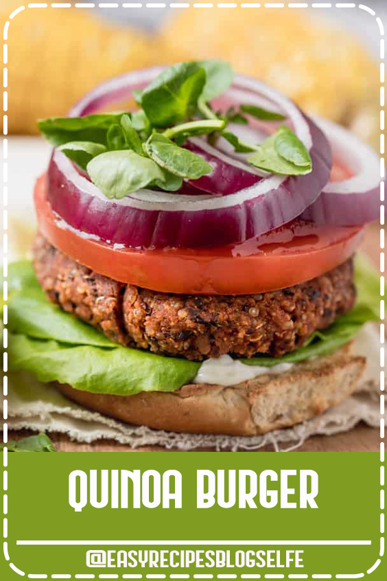 Quinoa Burger. This vegan quinoa burger recipe is easy, healthy and packed with protein. There's no food processor required and it comes together quickly in one bowl! | Vegan | Healthy Recipes | Easy Dinner | #EasyRecipesBlogSelfe #vegan #dinner #burger #healthy #feelgoodfoodie #quinoa #quick #easyrecipeshealthy
