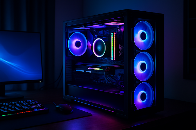 Fotografia realista de um computador gamer com gabinete iluminado por luzes RGB coloridas, em um quarto escuro com ambiente moderno e gamer.