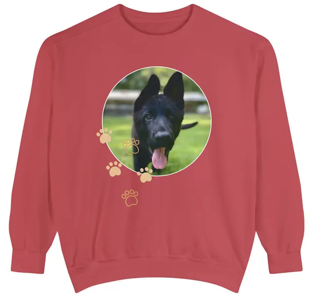 Garment-Dyed Sweatshirt for Men and Women With With European Solid Black German Shepherd Walking Leaving Tongue Out On a Grass and Paw Icons