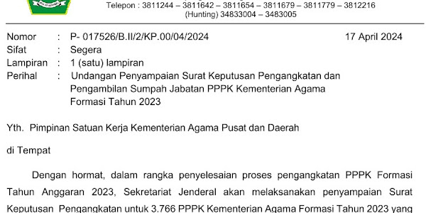 Undangan Penyampaian Surat Keputusan Pengangkatan dan Pengambilan Sumpah Jabatan PPPK Kementerian Agama Formasi Tahun 2023 