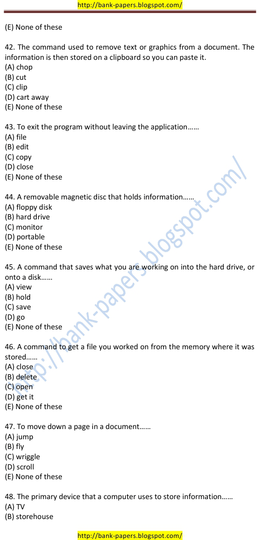 computer questions for bank exams