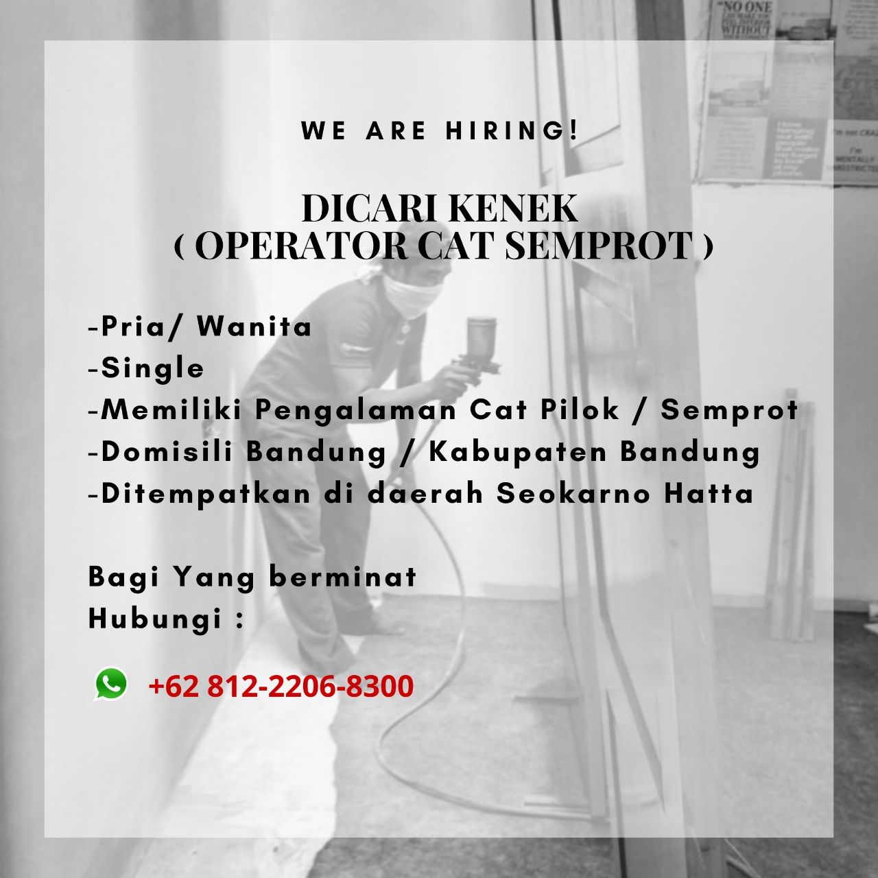 Dicari Kenek ( Operator Cat Semprot ) Bandung Februari 2024