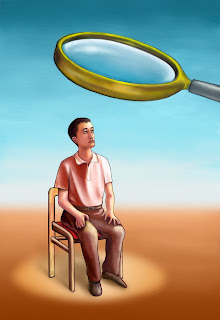 Illustration of a suspect under a magnifying glass.