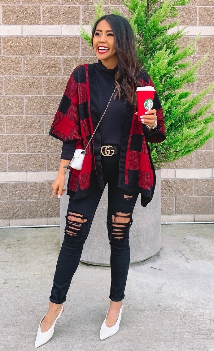 how to style ripped jeans : white crossbody bag + plaid poncho + top + heels