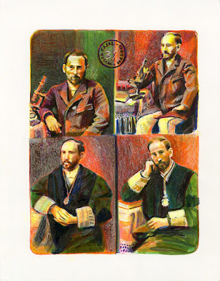 This is a color marker and ink drawing that features four portraits of Cajal. His age is about 38 in these portraits, and the main background color is orange, and he is dress in muted green and Earth tones.