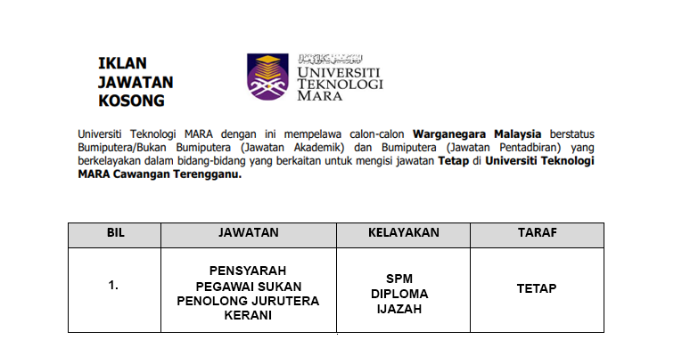 Jawatan Kosong Di Uitm Terengganu Jawatan Pentadbiran Akademik Jobcari Com Jawatan Kosong Terkini