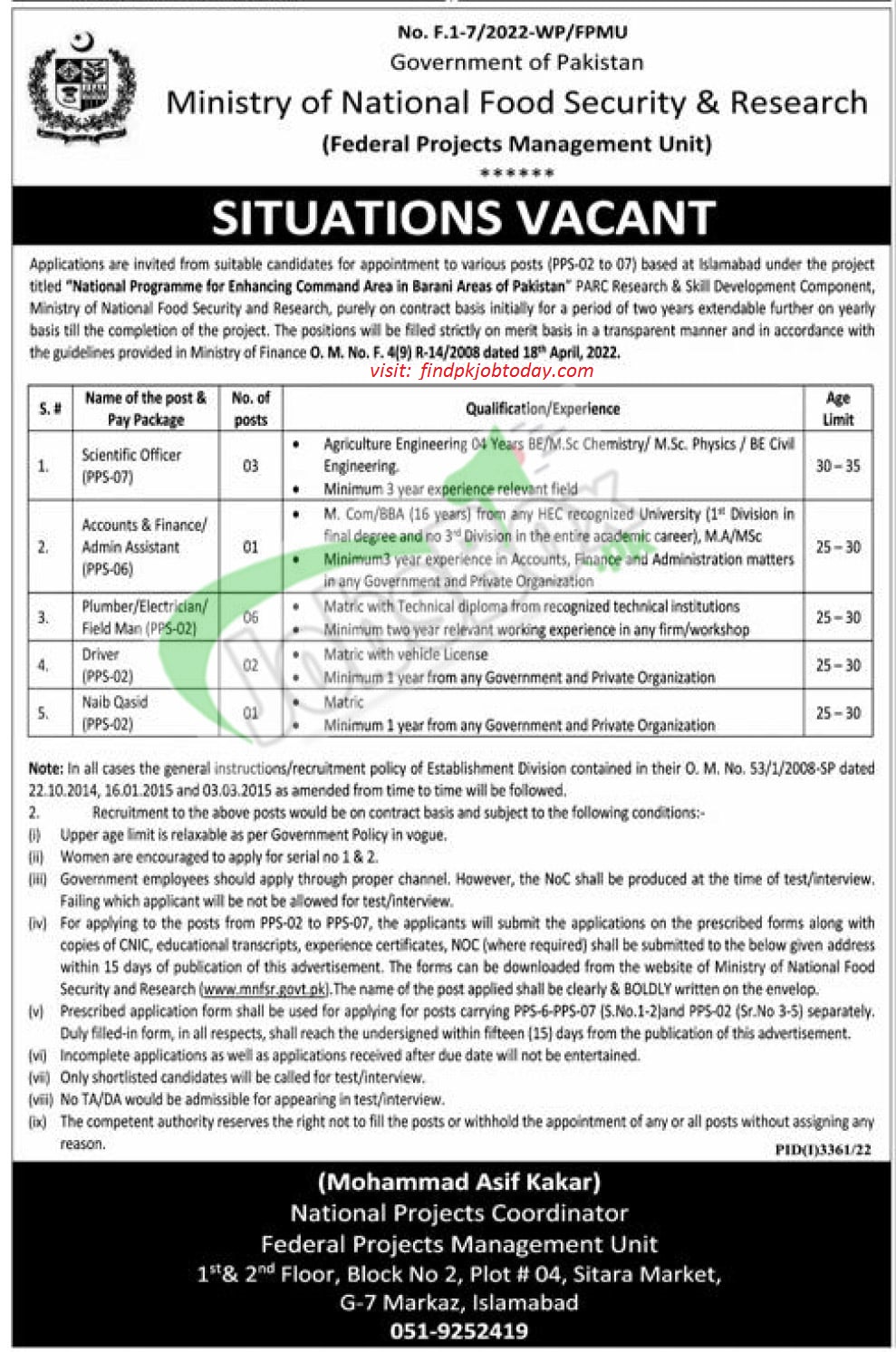 Ministry Of National Food Security And Research Jobs 2022 Latest Advertisement