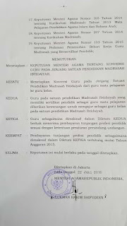  Keputusan Menteri Agama Republik Indonesia  KMA No. 303 Tahun 2016, Konversi Guru Mata Pelajaran ke Guru Kelas MI