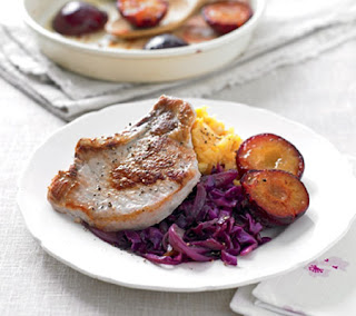 pork steaks with glazed plums and red cabbage recipe