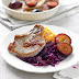 pork steaks with glazed plums and red cabbage