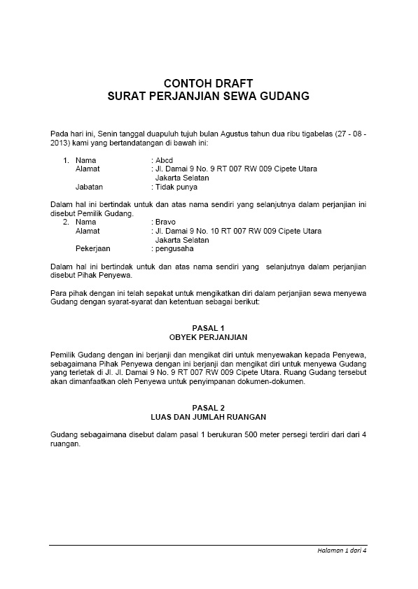 CONTOH DRAFT SURAT PERJANJIAN SEWA GUDANG ~ HOBI BURUNG 