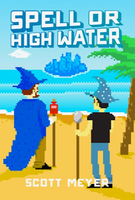 Zwei Männer mit Zauberstock und Spitzhut stehen am Strand, eine Palme neben ihnen, und schauen auf eine entfernte Insel, die komplett aus Kristallen besteht. 