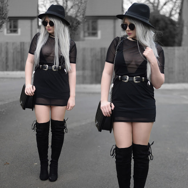 Sammi Jackson - Primark Black Fedora, Zaful Sunglalsses, Black Choker, Mesh Dress, Asos Plunge Swimsuit, HM Basic Skirt, ASOS Double Buckled Belt, OASAP Quilted Bag, Boohoo Suede Over the Knee Boots 