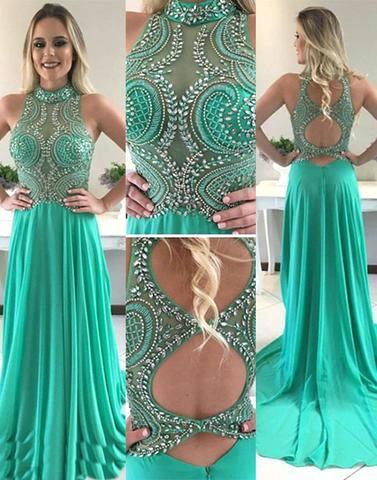 Green Chiffon High-Neck Sweep-train A-line Beading 2017 Prom Dress–Price:US$159