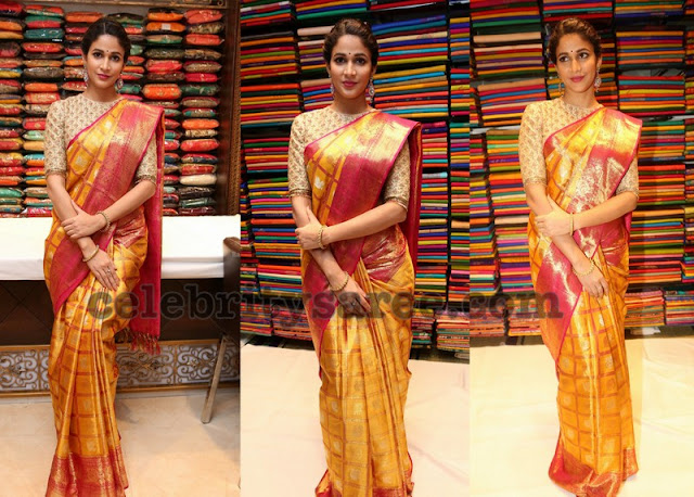 Lavanya Tripati in Mustard Stripes Silk Sari