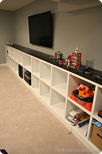  built in cubby storage with DIY butcher block top