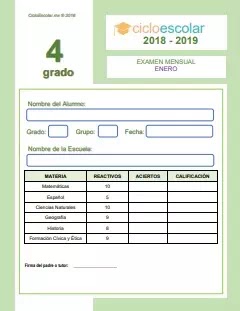 Examen Mensual Cuarto grado 2018-2019