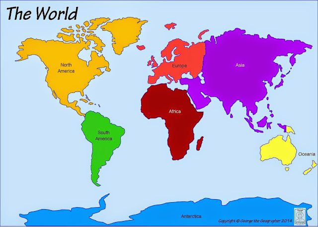 Printable map of the 7 continents with labelled in a different color.