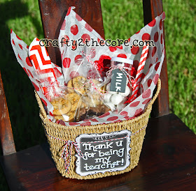 Teacher Gift Idea with new Mrs. Field's Nibbler Cookies, milk jar, straws, napkin, crochet coaster.