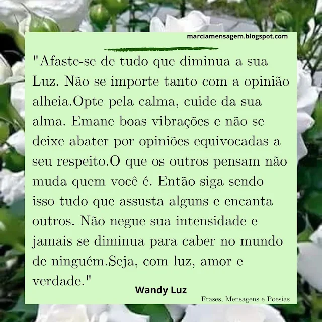 "Afaste-se de Tudo Que Diminua a Sua Luz. Não se importe tanto com a opinião alheia.Opte pela calma, cuide da sua alma. Emane boas vibrações e não se deixe abater por opiniões equivocadas a seu respeito.O que os outros pensam não muda quem você é. Então siga sendo isso tudo que assusta alguns e encanta outros. Não negue sua intensidade e jamais se diminua para caber no mundo de ninguém.Seja, com luz, amor e verdade."  Wandy Luz