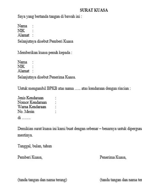 Contoh Surat Kuasa Pengambilan BPKB (via: otosia.com)