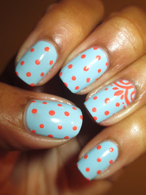 Sally Hansen, Insta Dry, Blue Away, Snappy Sorbet, blue, baby blue, coral polka dots, nails, nail art, nail design, mani