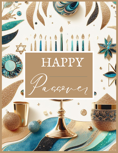 Happy Passover Free Printable Online Card | Aesthetic Luxury Turquoise Blue Sepia Latte Gold Glitter Modern Menorah Cool Cute Background Image Design