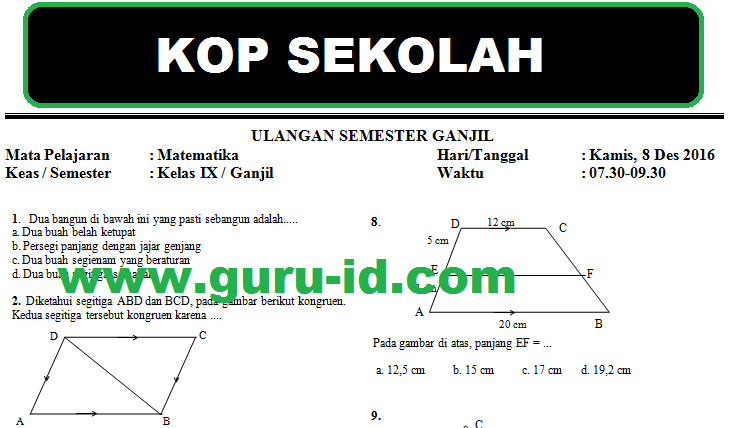 Soal Matematika Smp Kelas 9 Semester 1 2 Dan Pembahasannya