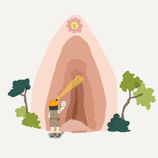 An adventurous girl uses a flashlight to observe a cave that looks like vagina as a metaphor that every female should examine their vagina  to spot any problem early.