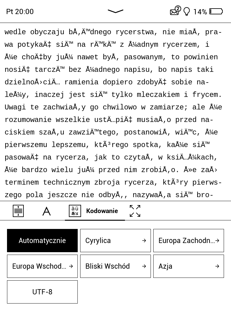 PocketBook Touch Lux 5 – źle wybrane kodowanie tekstu powoduje problemy z wyświetlaniem niektórych znaków.